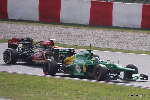 Charles Pic in his Caterham and Kimi Raikkonen in his Lotus at Formula One Winter Testing 2013