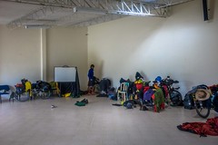 Like a bomb went off...6 cyclists camping indoors.