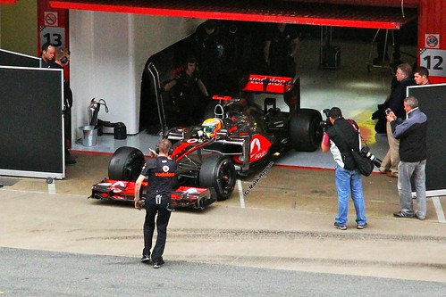 Lewis Hamilton prepares to come out of the garage in his McLaren at Formula One Winter Testing, Circuit de Catalunya, March 2012