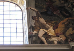Pozzo, Glorification of Saint Ignatius, detail of man on cornice