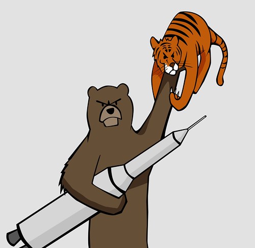 Things more scary than travelling forever, part 1:  Bear holding a tiger and a nuclear missile