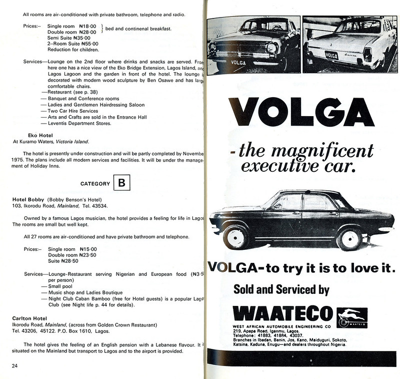 Guide to Lagos 1975 013 hotels volga the executive car<br/>© <a href="https://flickr.com/people/30616942@N00" target="_blank" rel="nofollow">30616942@N00</a> (<a href="https://flickr.com/photo.gne?id=8487626029" target="_blank" rel="nofollow">Flickr</a>)