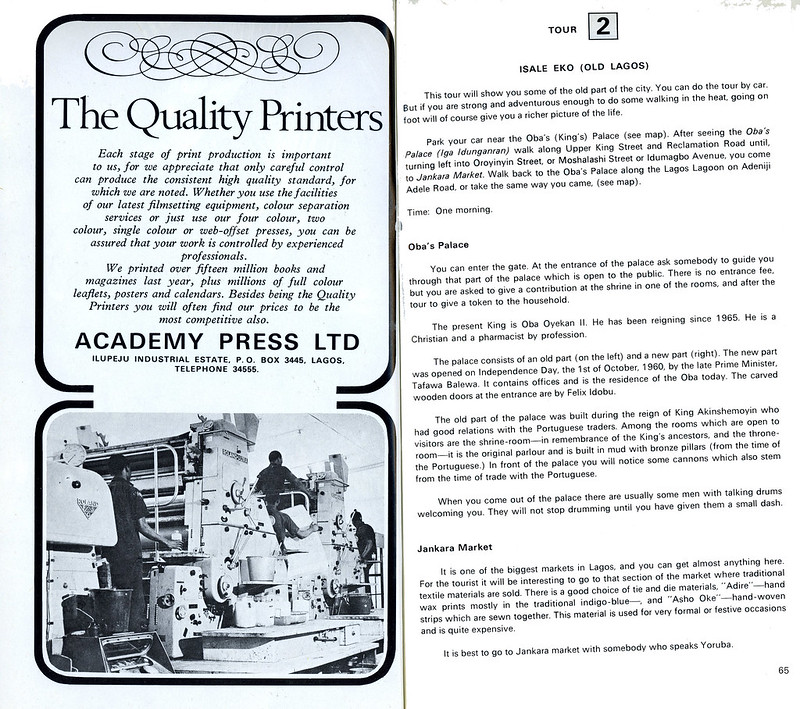 Guide to Lagos 1975 034 academy press oba's palace jankara market<br/>© <a href="https://flickr.com/people/30616942@N00" target="_blank" rel="nofollow">30616942@N00</a> (<a href="https://flickr.com/photo.gne?id=8488725330" target="_blank" rel="nofollow">Flickr</a>)