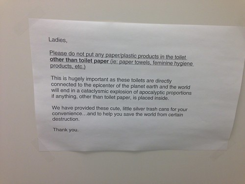 Ladies, Please do not put any paper/plastic products in the toilet paper other than toilet paper (ie paper towels, feminine hygiene products, etc). This is hugely important as these toilets are directly connected to the epicenter of the planet earth and the world will end is a cataclysmic explosion of apocalyptic proportions if anything, other than toilet paper, is placed inside. We have provided these cute, little silver trash cans for your convenience...and to help you save the world from certain destruction. Thank you.