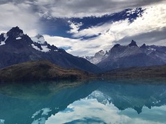 Beautiful reflection of Cuernos del Paine on Pehoé Lake, Torres del Paine National Park, Chile