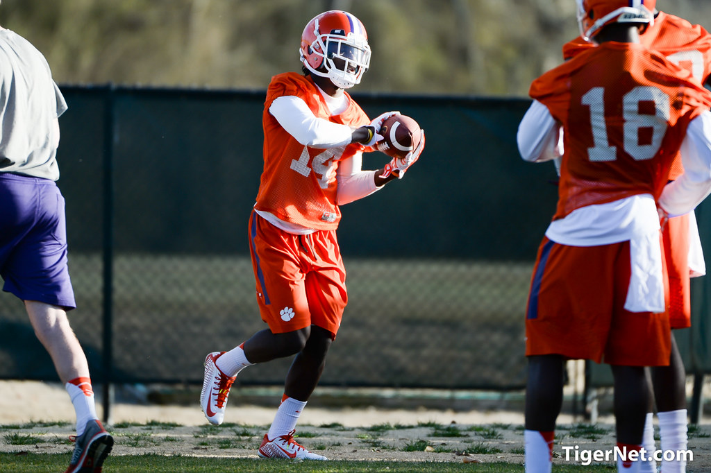 Clemson Football Photo of practice and Kaleb Chalmers