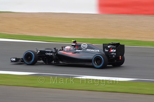 Jenson Button in his McLaren during Free Practice 3 at the 2016 British Grand Prix