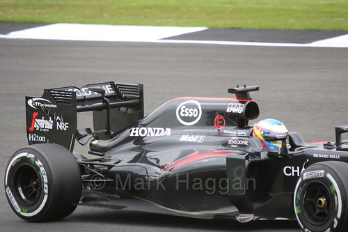 Fernando Alonso in his McLaren in Free Practice 1 at the 2016 British Grand Prix