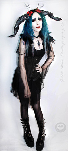 flowers nature fashion woodland model dress boots witch gothic goddess feathers horns pale corset bluehair sheer tealhair jodiwarphtography