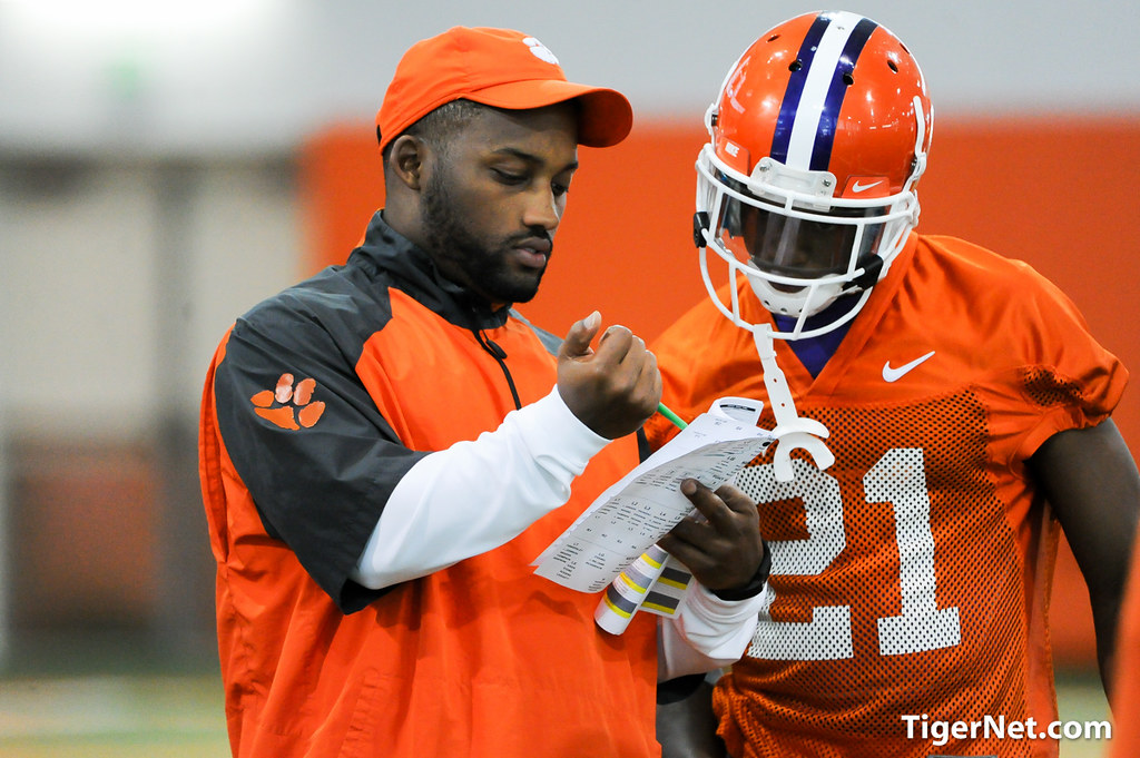 Clemson Football Photo of practice and Adrian Baker and Corico Wright