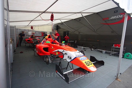 Jack Martin's car in the Arden garage in British Formula Four at the Knockhill BTCC Weekend, August 2016