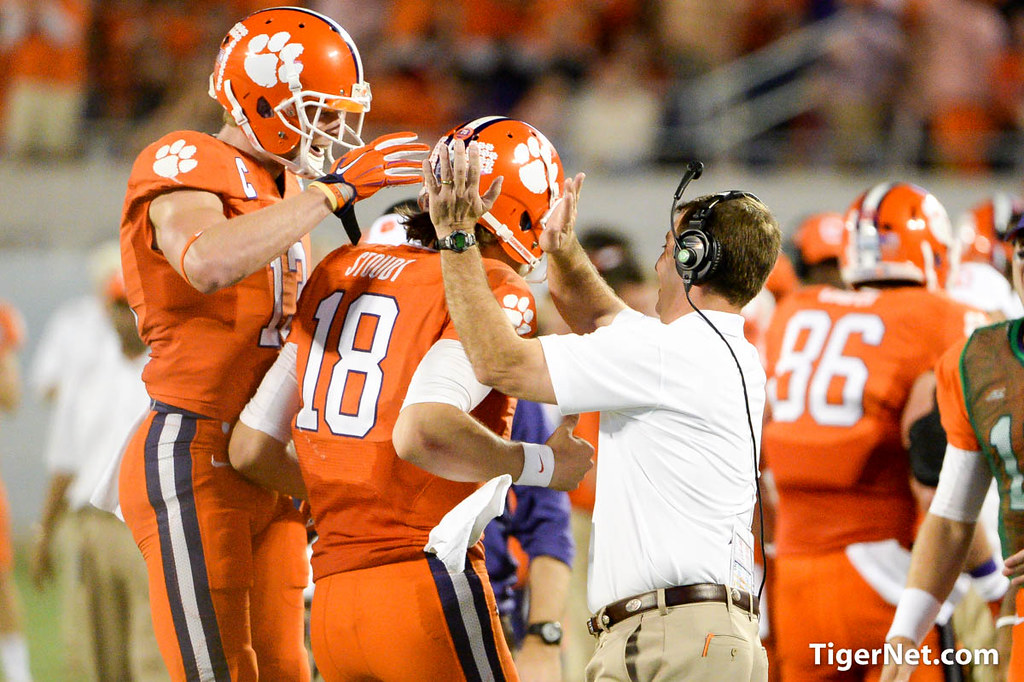 Clemson Football Photo of Adam Humphries and Cole Stoudt and Dabo Swinney and Russell Athletic Bowl