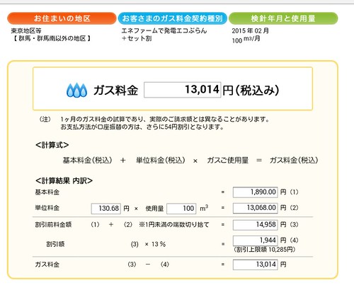 東京ガスだと13,014円÷1,250k...