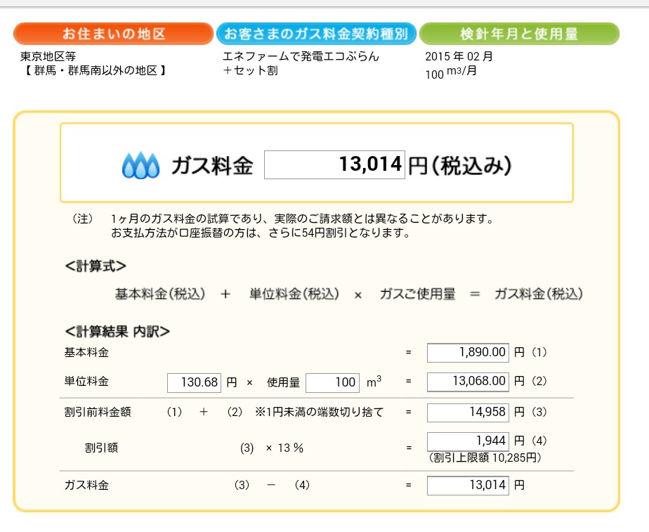 東京ガスだと13,014円÷1,250k...