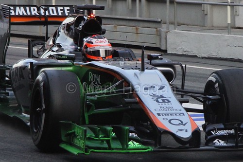 Nico Hulkenberg with aero paint on his Force India in Formula One winter testing 2015