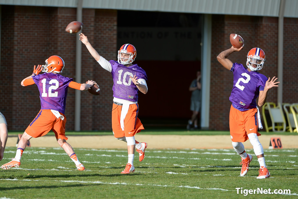 Clemson Football Photo of Kelly Bryant and Nick Schuessler and Tucker Israel and practice