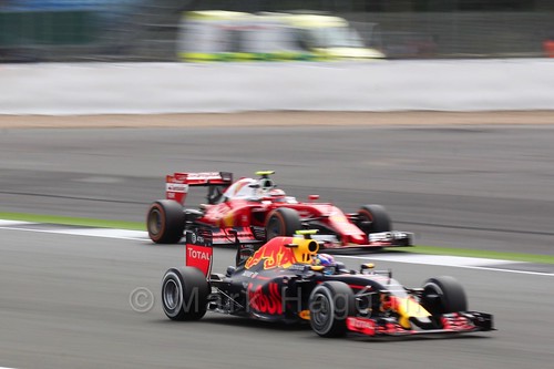 Max Verstappen passes a Ferrari in Free Practice 2 at the 2016 British Grand Prix