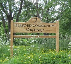 Orchard sign and flowers