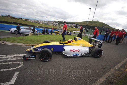 Alexandra Mohnhaupt on her way to the grid before the final British Formula Four race during the BTCC Knockhill Weekend 2016