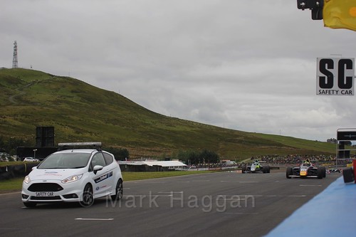 The Safety Car leads the pack in British Formula Four race 2 during the BTCC Knockhill Weekend 2016